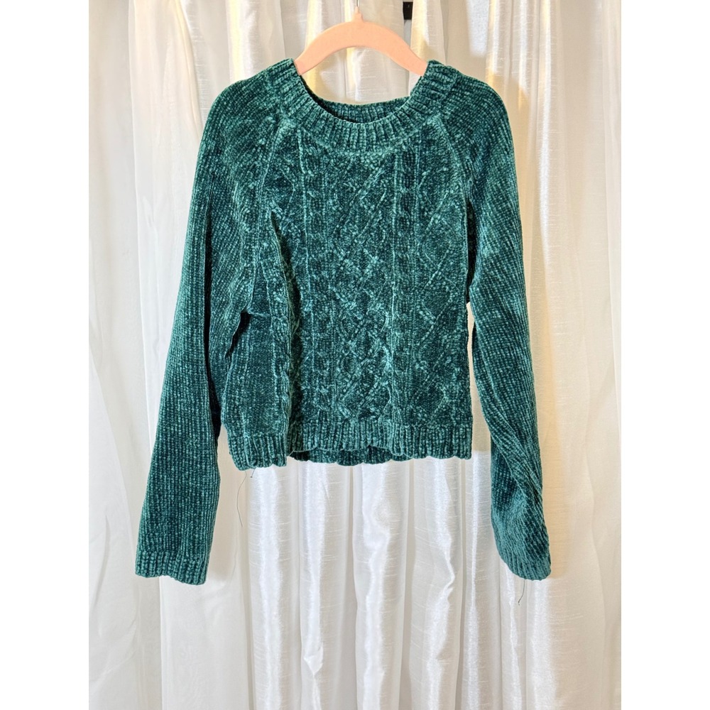 Tommy Bahama Sweater Girls M 7/8 Green Chenille Cable Knit Long Sleeve Cropped